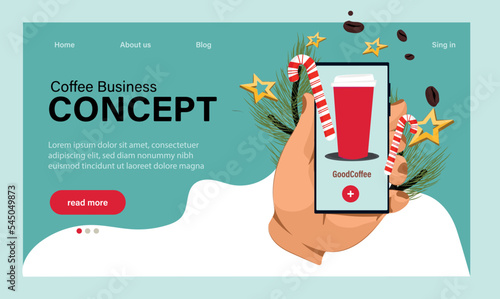 Celebrate New Year at Huge 2023. Barista web banner or landing page. Bartender making a cup of hot coffee. Coffeehouse worker making energetic tasty beverage with milk. Flat vector illustration