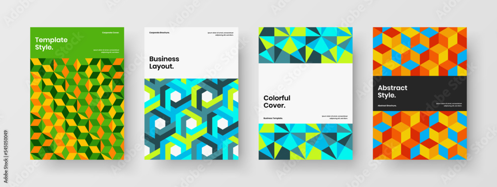 Multicolored catalog cover design vector illustration set. Fresh geometric pattern annual report concept bundle.