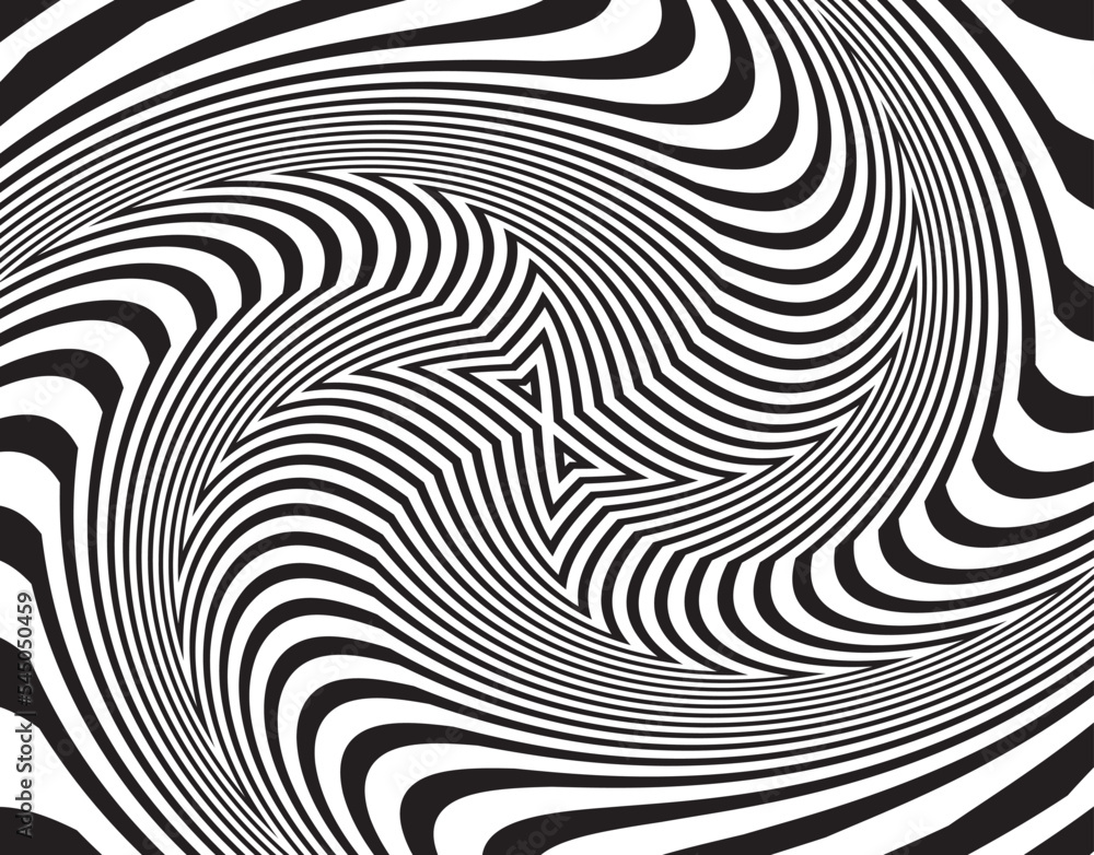 Line art optical art. Psychedelic background. Monochrome background. Optical illusion style. Black dark background. Tire Tracks. Graphic ornament. Vector template 