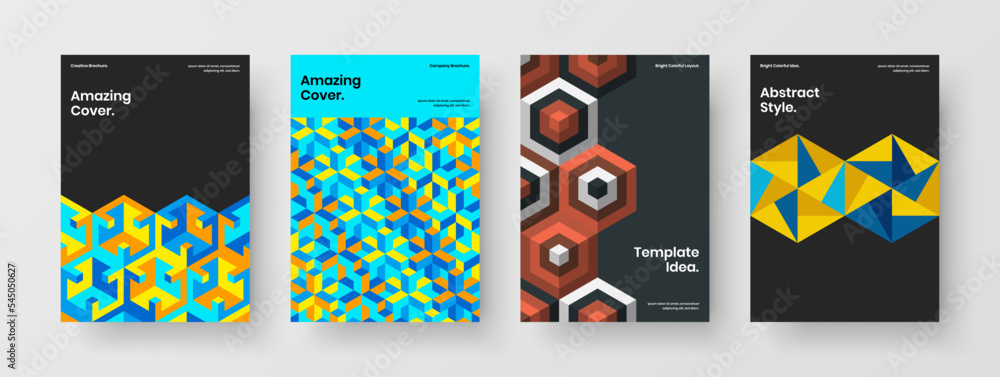 Minimalistic pamphlet vector design illustration bundle. Creative mosaic hexagons front page template set.