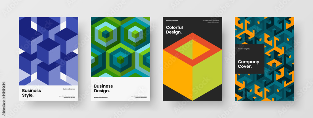 Minimalistic front page design vector concept composition. Colorful mosaic hexagons journal cover layout set.