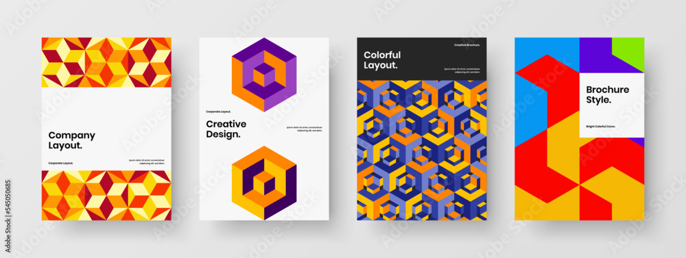 Simple front page vector design concept bundle. Bright geometric hexagons book cover illustration collection.