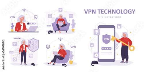VPN technology collection. Elderly women using virtual private network. Password security. Privacy data protection. Modern software for remote servers. Set of vector illustrations in cartoon style.