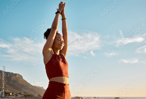 Obraz na plátně Black woman, yoga pray hands and meditation wellness on beach