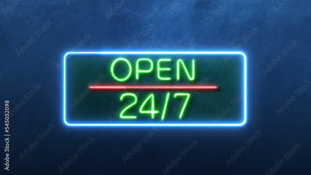 open 24/7 Icon in convesation Neon animation. Light Glowing blue Bright Symbol with Dark Background open 24/7 Icon in convesation Neon animation. Light Glowing blue Bright Symbol with Dark Background