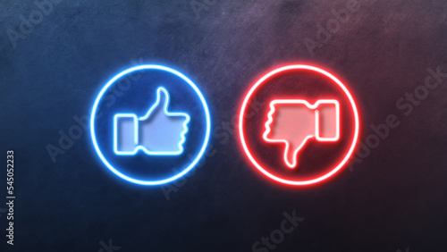 Like thumb up unlike Icon in convesation Neon animation. Light Glowing blue Bright Symbol with Dark Background. photo