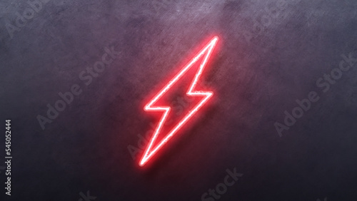 Neon bolt lighting neon sign with power effect animation seamless. Looped. Night bright neon sign, red color billboard, light banner. on texture wall 