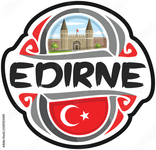 Edirne Turkey Flag Travel Souvenir Sticker Skyline Landmark Logo Badge Stamp Seal Emblem Coat of Arms Vector Illustration SVG EPS