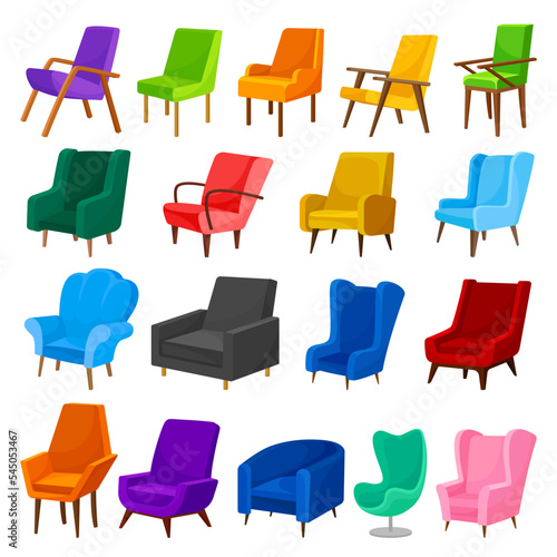 Home Chairs and Upholstered Armchair with Armrest Big Vector Set