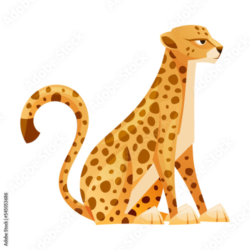 Sitting Cheetah as African Large Cat with Long Tail and Black Spots on Coat Vector Illustration