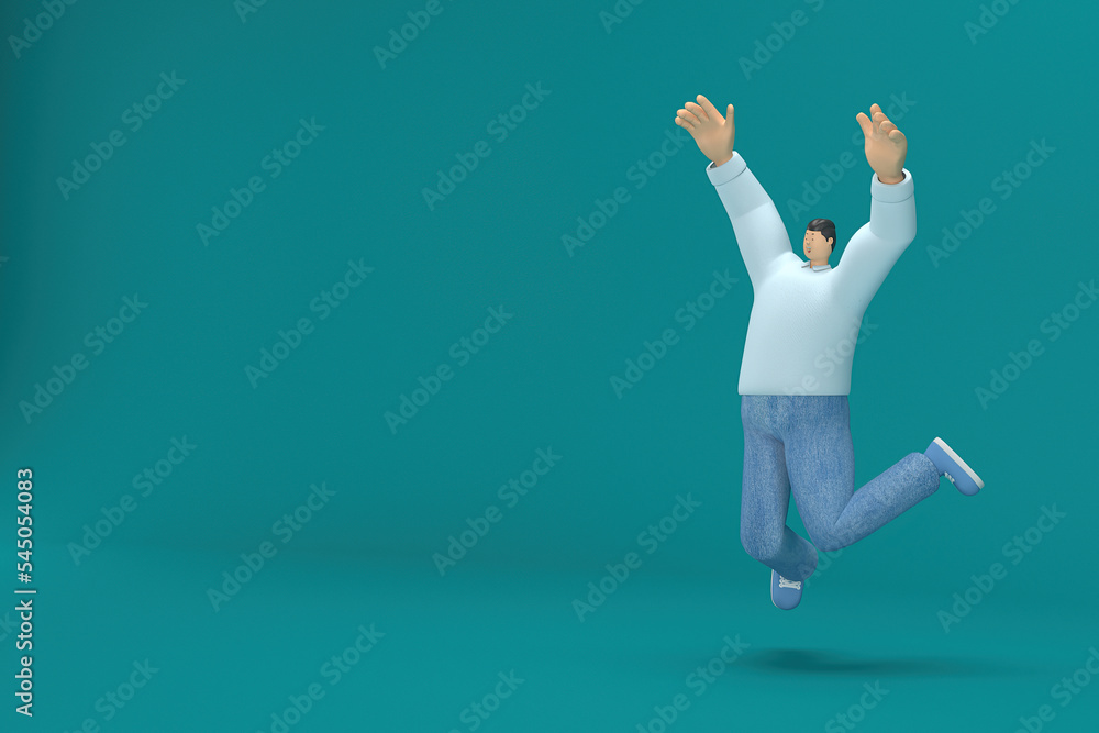 cartoon character wearing jeans and long shirt. He is jumping. 3d rendering in acting. cartoon character wearing jeans and long shirt. He is jumping. 3d rendering in acting.