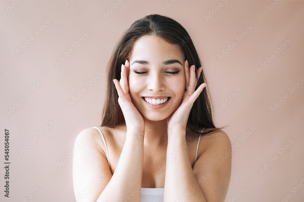 custom made wallpaper toronto digitalBeauty nude portrait of happy young beautiful asian woman with healthy dark long hair in top on beige background isolated