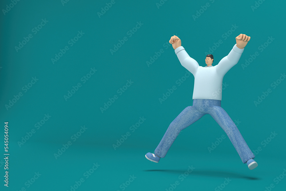 cartoon character wearing jeans and long shirt. He is jumping. 3d rendering in acting. cartoon character wearing jeans and long shirt. He is jumping. 3d rendering in acting.