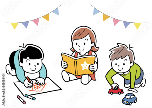 ベクターイラスト素材：笑顔で過ごす幼い子供たち
