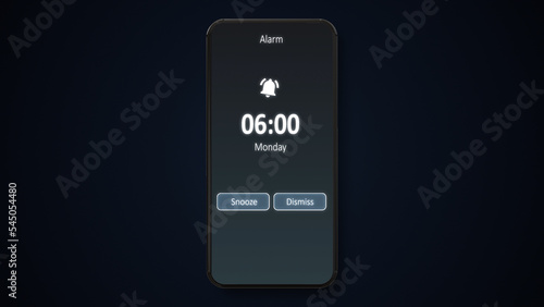 Good morning 6 am alarm clock on the phone, a finger taps dismiss. business, people and future technology concept 
