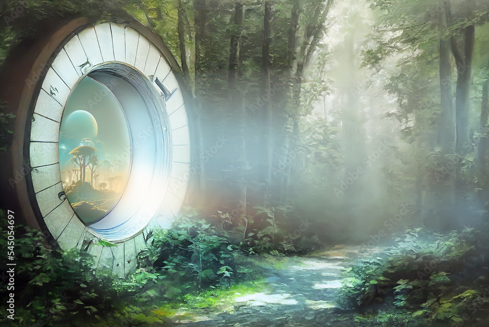 A portal in the forest leading to another dimension. Realistic digital ...