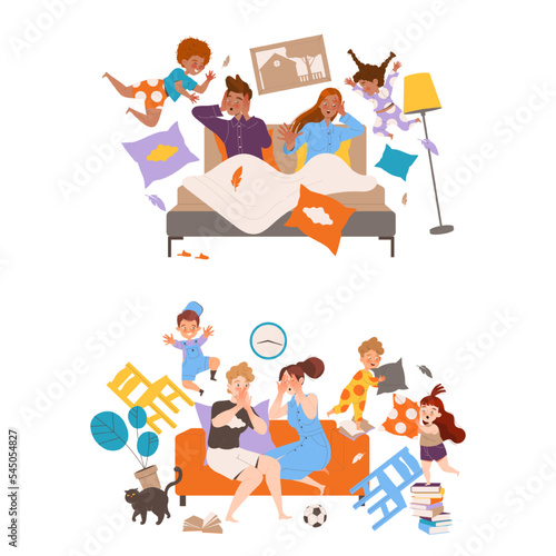 Naughty Hyperactive Children Characters Making Mess Fighting with Pillows and Jumping on Parent Bed Vector Set
