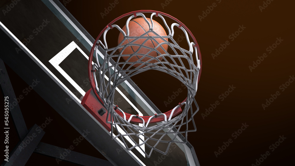 Beautiful Professional Throw in a Basketball Hoop Slow Motion Top View. Ball Flying Spinning into Basket Net. Sport Concept. 3d Animation