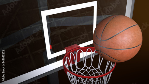 Beautiful Professional Throw in a Basketball Hoop Slow Motion Top View. Ball Flying Spinning into Basket Net. Sport Concept. 3d Animation © Kitti