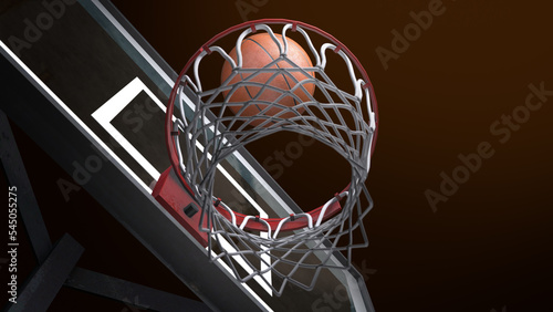 Beautiful Professional Throw in a Basketball Hoop Slow Motion Top View. Ball Flying Spinning into Basket Net. Sport Concept. 3d Animation © Kitti