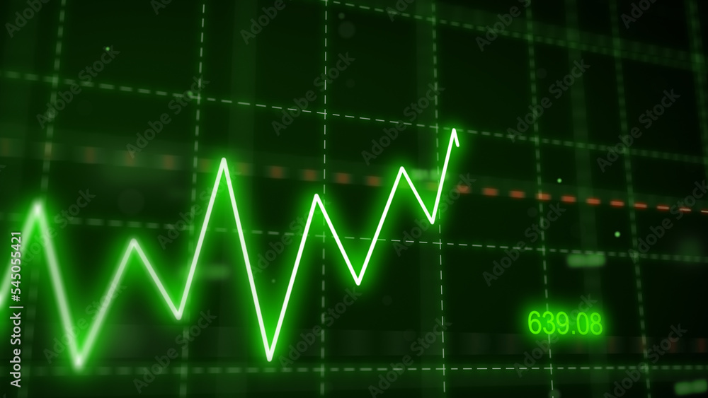 Stock markets uptrend dynamic chart on dynamic green background. Concept of financial stagnation, recession, crisis, business crash and economic collapse. upward trend 3d rendering