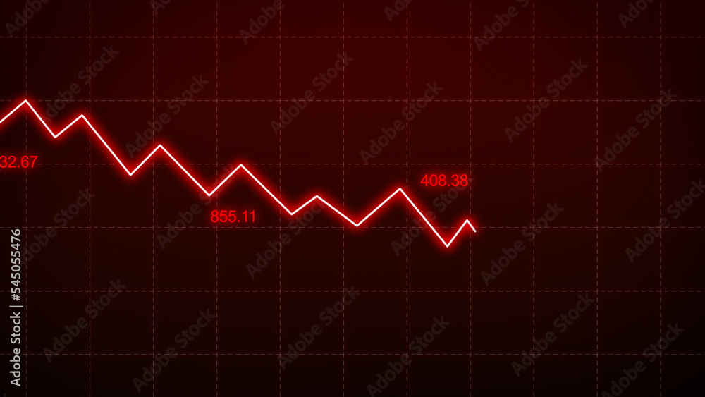 Stock markets Downtrend dynamic chart on dynamic red background. Concept of financial stagnation, recession, crisis, business crash and economic collapse. Downward trend 3d rendering