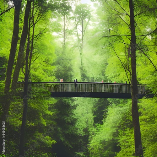 Black Hanging Bridge Surrounded by Green Forest Trees © artystyk