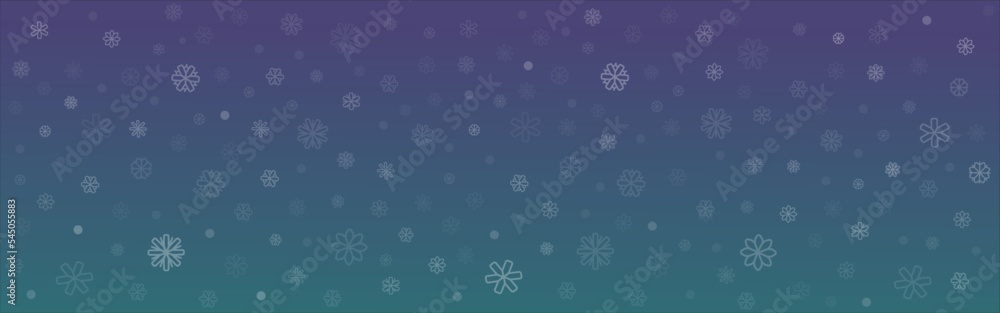 Horizontal background with snowflake snowfall. Abstract  mysterious purple and green background. Christmas vector card. Winter Christmas and New Year background. Vector illustration.