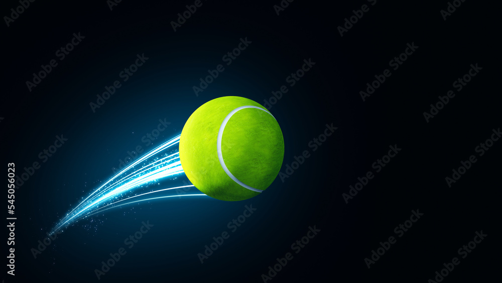 Tennis ball speed fast magic effect in blue flames and lights black background 3D rendering