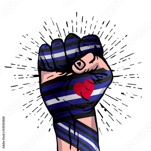 A human hand clenched into a fist. The flag of leather pride. A colorful logo of one of the LGBT flags. Sexual identification. Vector illustration