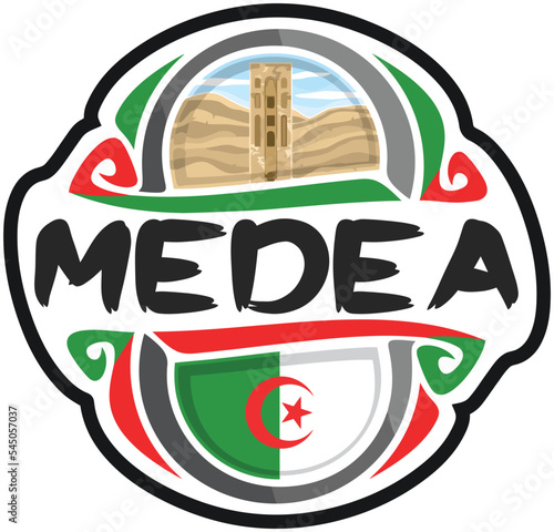 Medea Algeria Flag Travel Souvenir Sticker Skyline Landmark Logo Badge Stamp Seal Emblem Coat of Arms Vector Illustration SVG EPS
