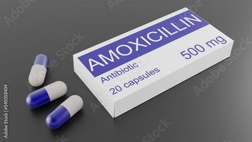 Amoxicillin antibiotic medication used to treat bacterial infections. 3d illustration photo