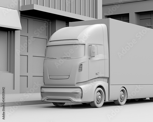 Clay rendering of Electric truck parking at roadside. 3D rendering image.