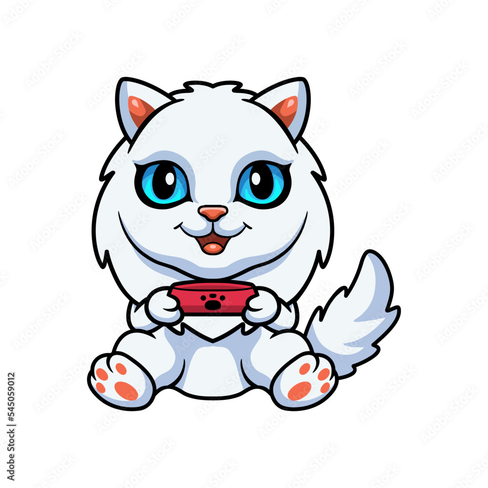 Cute little persian cat cartoon holding food bowl Cute little persian cat cartoon holding food bowl