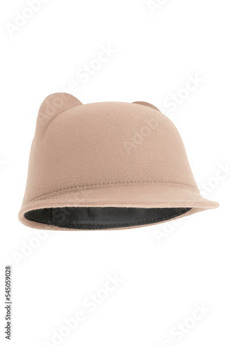 Close-up shot of a beige felt jockey hat with ears. The casual jockey felt hat with ears is isolated on a white background. Bottom view.