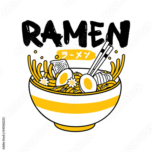 Ramen noodles vector illustration on bowl and chopstick with vintage retro flat style. Japanese noodle soup. Kanji means Ramen.