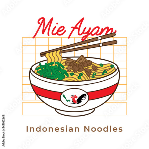 Mie ayam chicken noodles vector illustration on bowl and chopstick with vintage retro flat style. Indonesian chicken noodle soup.