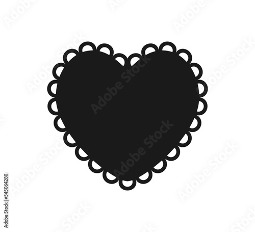 Scalloped edge heart shape. Simple heart scalloped border. Fabric laces silhouette frame. Repeat cute vintage frill ornament. Texture ribbon. Vector illustration isolated on white background.