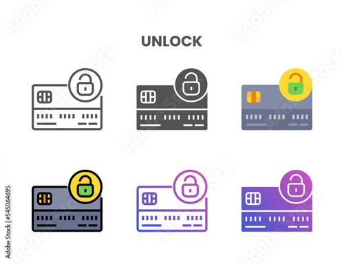 Credit Card Unlock icon set style ouline, glyph, flat color and gradient. Vector Illustration for Graphic Design Element. Isolated on white background
