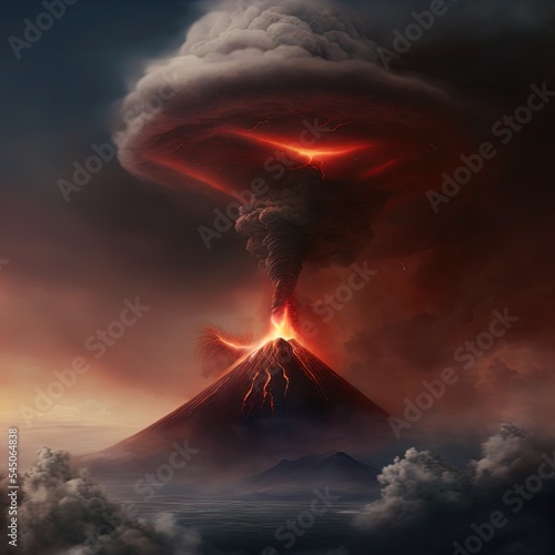 A massive volcano erupts, spewing ash and lava. 