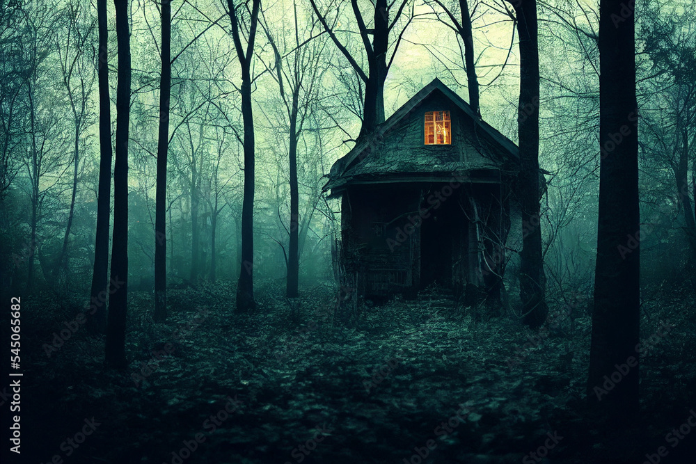 mysterious house in horror forest at night