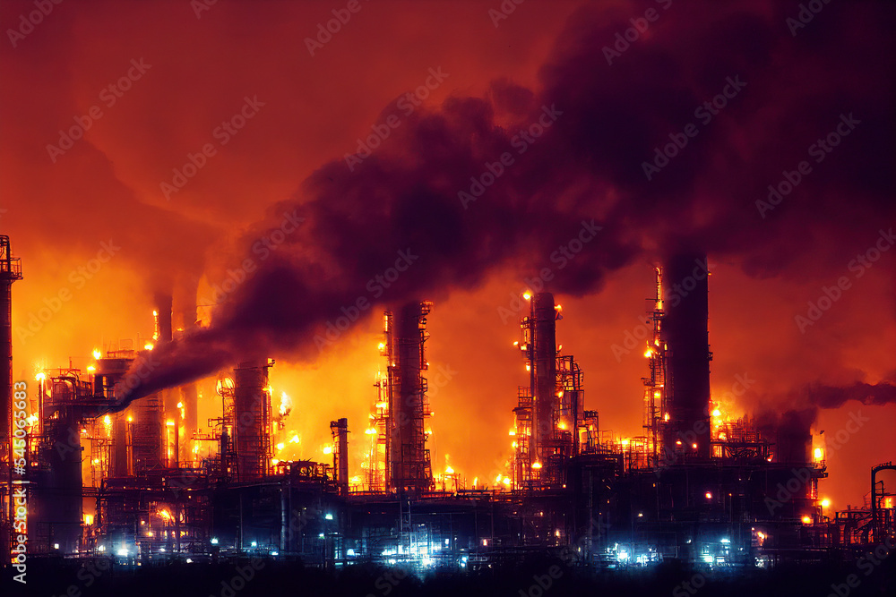 gas refinery in fire with flames
