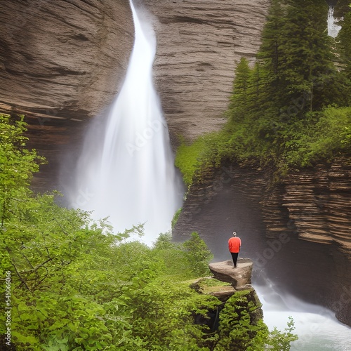 Man Standing on Cliff Watching Punch-bowl Waterfalls