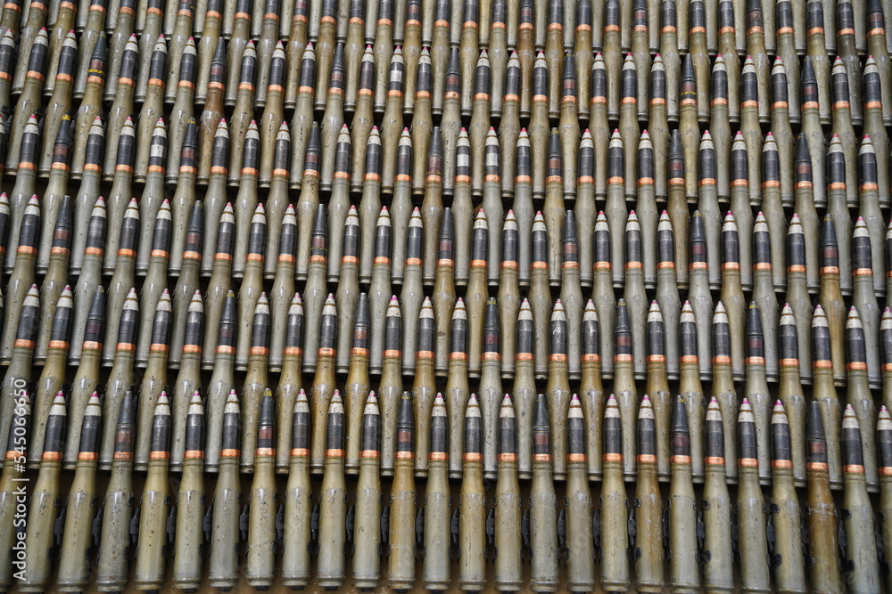 Almaty, Kazakhstan - 04.14.2022 : Ammunition is stacked in a row during military exercises. Almaty, Kazakhstan - 04.14.2022 : Ammunition is stacked in a row during military exercises.