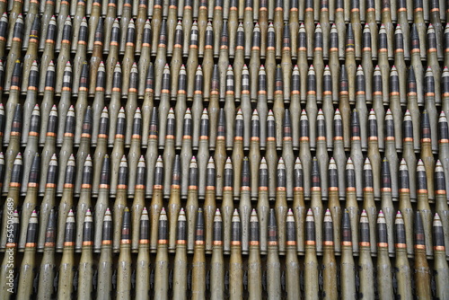 Almaty, Kazakhstan - 04.14.2022 : Ammunition is stacked in a row during military exercises.