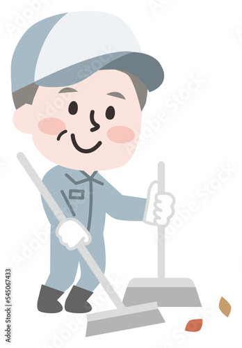 落ち葉を掃除するシニア男性作業員