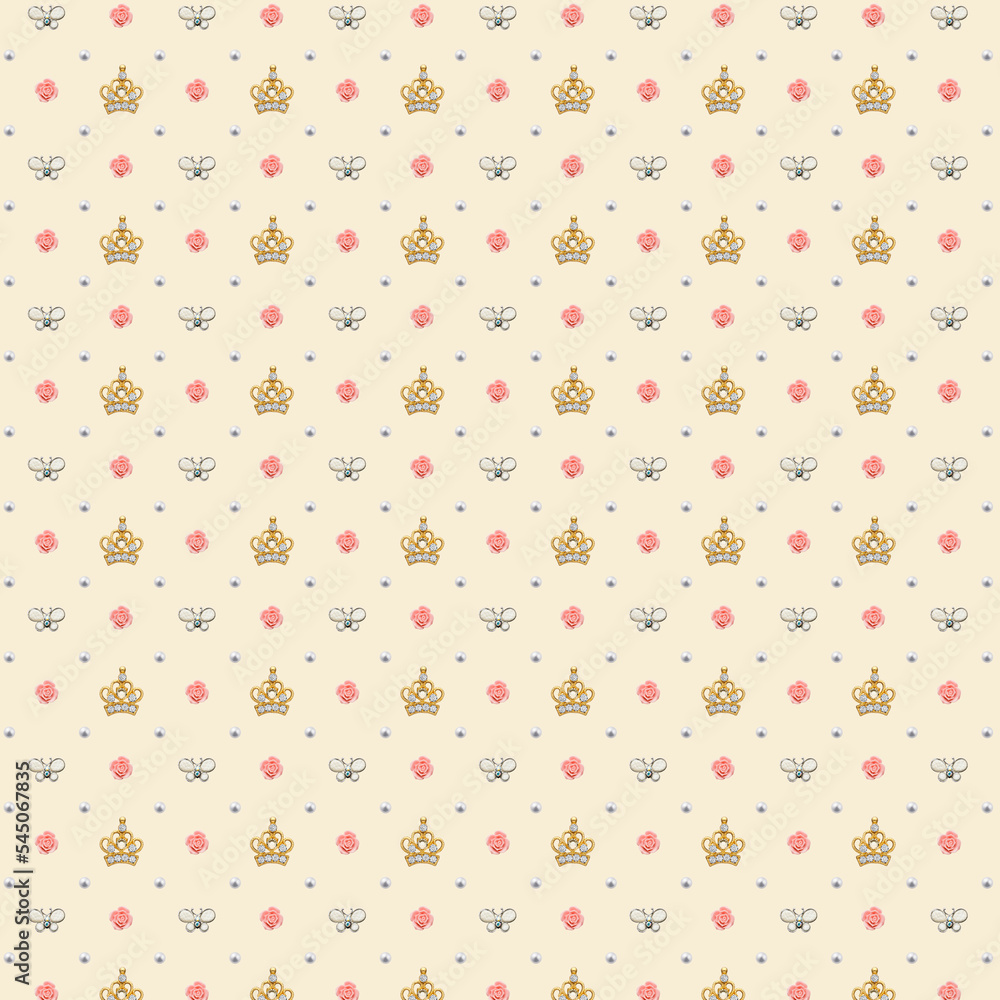 seamless dots pattern with flowers , crowns and butterflies