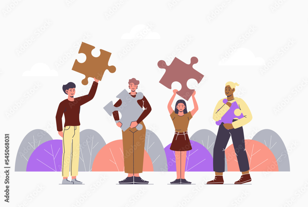 Metaphor for business team collaboration. People connect the elements of the puzzle. Teamwork, collaboration, partnership. Vector, flat, modern illustration