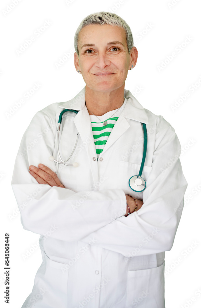 successful middle aged alternative woman doctor with short hair wearing white coat and stethoscope posing on transparent background. PNG successful middle aged alternative woman doctor with short hair wearing white coat and stethoscope posing on transparent background. PNG
