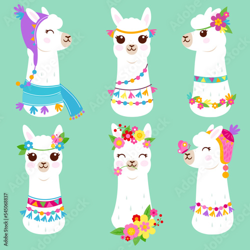 Cute white llama or alpaca heads with flowers, knit hats and colorful traditional accessories.  Vector illustration